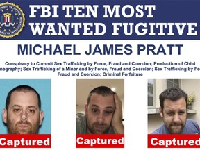 This image made available by the U.S. Federal Bureau of Investigation shows three photos of Michael James Pratt, the founder of a California-based porn empire that coerced young women into filming adult videos. The FBI says Pratt, who was on its Ten Most Wanted list, was arrested Wednesday, Dec. 21, 2022, in Madrid, three years after he fled while facing federal charges of sex trafficking and producing child pornography. (FBI via AP)
