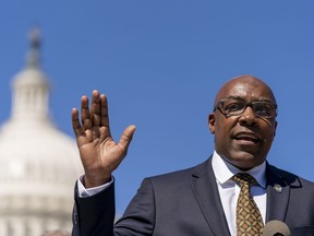 FILE - Illinois Attorney General Kwame Raoul speaks at a rally to call on the National Archivist to publish the Equal Rights Amendment as an amendment in the Constitution, on Capitol Hill in Washington, Sept. 28, 2022. Raoul on Friday, Dec. 30, 2022, filed paperwork with the state Supreme Court to appeal a local judge's ruling that eliminating cash bail for criminal defendants is unconstitutional.