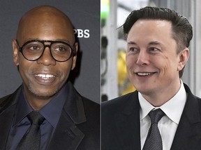 This combination of photos shows comedian Dave Chappelle attending the 22nd Annual Mark Twain Prize for American Humor in Washington on Oct. 27, 2019, left, and businessman Elon Musk at the opening of the Tesla factory Berlin Brandenburg in Gruenheide, Germany, on March 22, 2022. After Chappelle's show on Sunday at the Chase Center in San Francisco, the comedian invited the billionaire on stage. Musk obliged, wearing an "I Love Twitter" T-shirt. Loud boos filled the arena – along with some cheers, too. (AP Photo)