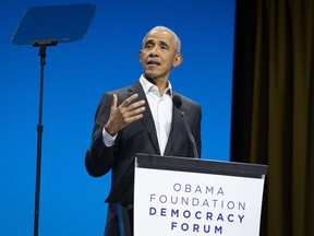 Former President Barack Obama speaks at a forum on democracy his foundation is co-sponsoring, Thursday, Nov. 17, 2022, in New York. Obama announced The Obama Foundation Leaders United States program at the forum, a six-month leadership development program for emerging leaders between the ages of 24 and 45.