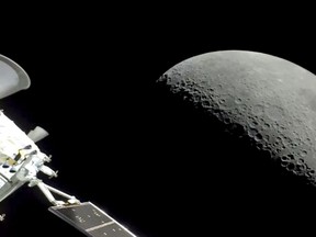 NASA's Orion spacecraft flew past the moon on Monday, December 5, 2022. The crew capsule and its test dummies will aim for a Pacific Ocean splashdown on Sunday, December 11, 2022, off the coast of San Diego after a three-week test flight, setting the stage for astronauts on the next flight in a couple years. (NASA via AP)
