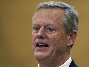 FILE - Republican Massachusetts Gov. Charlie Baker speaks with reporters during a news conference on Nov. 9, 2022, at the Statehouse in Boston. Baker will be the next president of the NCAA, replacing Mark Emmert as the head of the largest college sports governing body in the country.