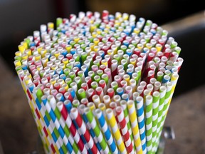 Paper straws are seen at a market in Montreal on Thursday, June 13, 2019. Canada's ban on the manufacture and import for sale of some plastic items, including grocery bags and straws, has taken effect.