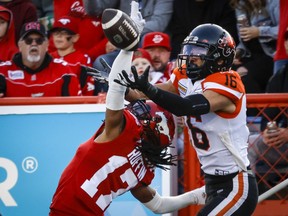 B.C. Lions receiver Bryan Burnham, right, goes up for a pass as Calgary Stampeders defensive back Dionte Ruffin blocks him during second half CFL football action in Calgary, Saturday, Sept. 17, 2022.Burnham has announced his retirement, ending an eight-year career with the CFL franchise. Burnham, a four-time CFL all-star, had 476 receptions and 7,212 receiving yards wit the Lions. Both marks rank fourth in franchise history.THE CANADIAN PRESS/Jeff McIntosh