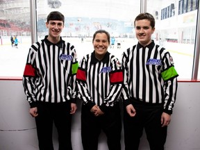 Hockey referees Dylan McMullen (left to right), Dianne Ikeda, Chase Aalders are shown in a handout photo in Cole Harbour, N.S. McMullen and Aalders, who are both under the age of 18, wear a green armband when they officiate hockey games. Minor hockey associations in Nova Scotia are the latest to embrace a program aimed at eliminating verbal abuse of young referees by identifying them on ice with a green armband.