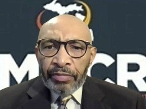 In this image taken from video on Wednesday, Dec. 14, 2022, John E. Johnson Jr., executive director of the Michigan Department of Civil Rights, speaks during a Zoom call with reporters regarding the filing of two charges of discrimination against the Grand Rapids Police Department. (AP Photo)