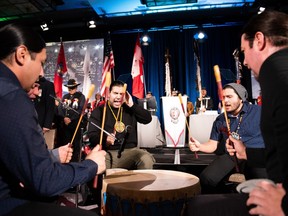 Indigenous drummers perform a song during the official start of the Assembly of First Nations Special Chiefs Assembly in Ottawa, on Tuesday, Dec. 6, 2022. First Nations Chiefs in Alberta and Saskatchewan are calling for their provinces to toss legislation they say is inherently undemocratic, unconstitutional and will infringe on Indigenous rights.