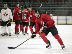 Shane Wright carries the puck during the Canadian World Junior Hockey Championships selection camp in Moncton, N.B., Friday, December 9, 2022.