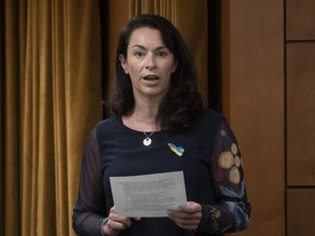 NDP MP Heather McPherson rises on a point of order following Question Period, in Ottawa, April 27, 2022. The New Democrats are calling on the Liberals to boycott India's hosting of the G20, citing that country's treatment of minorities.