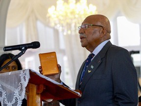 Sitiveni Rabuka is sworn in as the prime minister of Fiji in Suva, Saturday, Dec. 24, 2022. Rabuka has been confirmed as Fiji's next prime minister more than two decades after the former military commander first held the office in a term lasting nearly seven years.