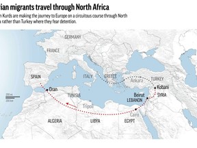 Map shows paths of Syrian Kurds seeking asylum in Europe.