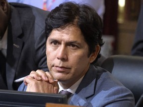 FILE - Los Angeles City Council member Kevin de Leon sits in chamber before starting the Los Angeles City Council meeting on Oct. 11, 2022 in Los Angeles. Leon was involved in a fight with an activist at a holiday event Friday night, Dec. 9. The altercation involving Leon occurred at a toy giveaway and holiday tree lighting at Lincoln Park, the Los Angeles Times reported.