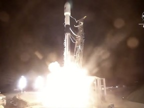 In this image made from video provided by NASA, a SpaceX rocket carrying the Surface Water and Ocean Topography satellite lifts off from Vandenberg Space Force Base in California, Friday, Dec. 16, 2022. (NASA via AP)