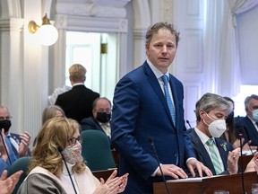 Nova Scotia Finance Minister Allan MacMaster at the legislature in Halifax on Tuesday, March 29, 2022. MacMaster says he doesn't see the need to debate extra budgetary spending in the provincial legislature because the money is already spent.