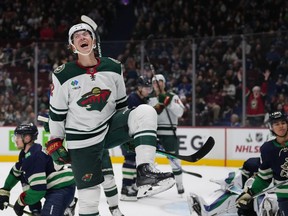 Minnesota Wild's Matt Boldy celebrates his goal against the Vancouver Canucks during the first period of an NHL hockey game in Vancouver, on Saturday, December 10, 2022.