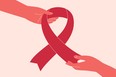 Pink or red ribbon is passing from hand to hand. Breast cancer awareness concept with human arms giving big pink ribbon. Aids symbol. Medical vector illustration.
