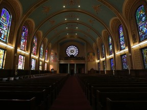 Stained glass detail at Ukrainian Catholic Saints Vladimir and Olga Cathedral.