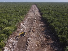 FILE - A bulldozer clears an area of forest that will be the line of the Mayan Train in Puerto Morelos, Quintana Roo state, Mexico, Tuesday, Aug. 2, 2022. The troubled Maya Train tourist project will now include a 45-mile (72 kilometer) stretch of elevated trackway through the jungle, President Lopez Obrador said Monday, Dec. 5, 2022.