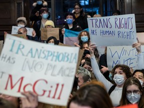 McGill students protested and blocked the entrance to the room where a controversial UK human rights lawyer was to speak at McGill on LGBT rights at the Montreal university on Tuesday January 10, 2023. Dave Sidaway / Montreal Gazette