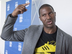 Former Canadian international soccer player Patrice Bernier speaks to the media after the successful bid and awarding of the 2026 FIFA World Cup to Canada, Mexico and the United States, Wednesday, June 13, 2018 in Montreal. Bernier, Kaylyn Kyle, Ross Smith and Matt Cullen will be part of Apple's MLS Season Pass broadcast team.