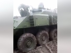 Screen grab from a video labelled "Canada-provided LAV ACSV Super Bison at service with the Ukrainian Armed Forces."
