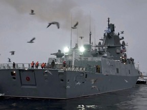 The Russian frigate Admiral Gorshkov armed with Zircon hypersonic missiles leaves the naval base in Severomorsk, Russia, in this still image taken from video released January 4, 2023.