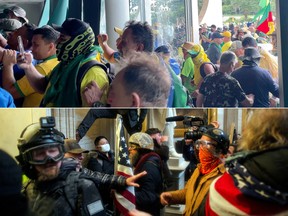 TOP: Supporters of Brazil's former President Jair Bolsonaro invade the supreme federal court during a protest in Brasilia, Brazil on January 8, 2023. BOTTOM: Supporters of Donald Trump storm the U.S. Capitol to contest the certification of the 2020 U.S. presidential election results at the U.S. Capitol Building in Washington, D.C., on January 6, 2021.