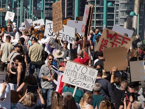 A protest against COVID-19 vaccine passports and mandatory vaccinations in Vancouver on September 1, 2021. Among the vaccine refusers, 85 per cent believed that vaccine harms are "covered-up" and 73 per cent believed COVID is fake or overblown.