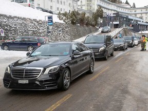 Cars jam the Promenade road in the Swiss alpine resort of Davos during the World Economic Forum's annual meeting on Jan. 16, 2023.
