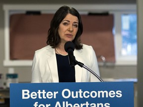 Alberta Premier Danielle Smith speaks during a news conference in Edmonton on January 12, 2023.