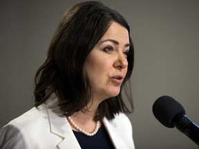 Premier Danielle Smith speaks during a news conference in Edmonton on January 12, 2023.