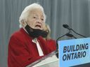 Former Mississauga mayor Hazel McCallion addresses media on her 101st birthday, February 14, 2022.