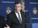 Toronto Mayor John Tory speaks at police headquarters about the spate of violent incidents on the city's transit system, January 26, 2023.