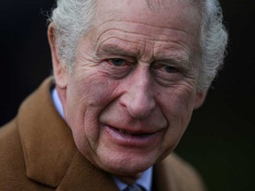 King Charles III is photographed leaving the Royal Family's traditional Christmas Day service at St Mary Magdalene Church in Sandringham, Norfolk, on Dec. 25, 2022.