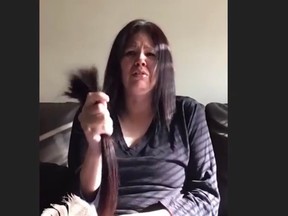 Odelia Quewezance ceremoniusly cuts her hair in a Facebook live event. She was granted day parole last year. Odelia was 20 and her sister was 18 when the pair was arrested for the muder of a farmer in Saskatchewan in 1993.
