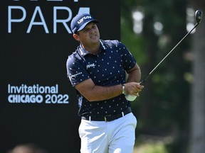 Chicago, Illinois, USA; Patrick Reed tees off from the 12th tee box during the first round of a LIV Golf tournament at Rich Harvest Farms.