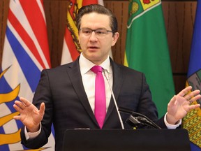 Conservative Party leader Pierre Poilievre speaks at a caucus meeting on Parliament Hill in Ottawa, Ontario, Canada, January 27, 2023.