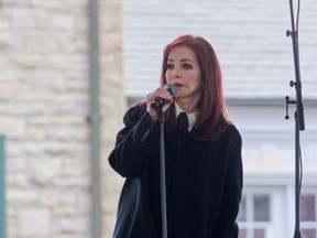 Priscilla Presley speaks during a public memorial for her daughter, singer Lisa Marie Presley, the only daughter of the "King of Rock 'n' Roll," Elvis Presley, at Graceland Mansion in Memphis, Tennessee, U.S. January 22, 2023.