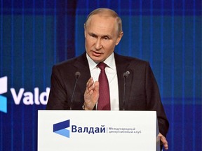 Russian President Vladimir Putin speaks at a Valdai Discussion Club forum on October 27, 2022. The Valdai Discussion Club is sometimes described as a "propaganda tool" of the Putin regime.