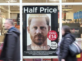 Prince Harry's new book, "Spare," is advertised for sale at half price at a bookshop in London, England, on Jan. 10, 2023.