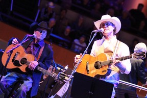 Ian Tyson, left, and Corb Lund perform in 2019.