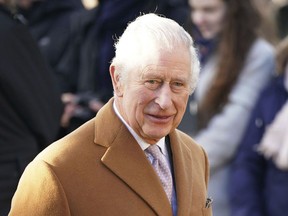 Britain's King Charles III arrives to attend a morning church service at Castle Rising Church in Norfolk, England, Sunday, Jan. 8, 2023.