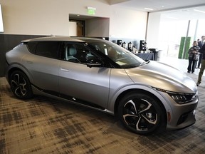 The Kia EV6 vehicle is displayed at the M1 Concourse car club, Wednesday, Jan. 11, 2023, in Pontiac, Mich. The vehicle won the 2023 North American Utility Vehicle of the Year during an awards ceremony Wednesday.