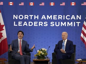 Prime Minister Justin Trudeau meets with U.S. President Joe Biden at the InterContinental Presidente Mexico City hotel in Mexico City, Tuesday, Jan. 10, 2023.