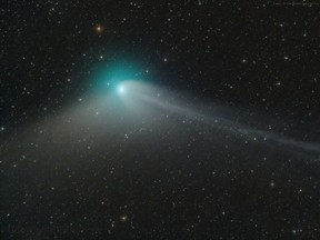 A green comet named Comet C/2022 E3 (ZTF), which last passed by our planet about 50,000 years ago and is expected to be most visible to stargazers this week, is seen journeying tens of millions of miles (km) away from Earth in this telescope image taken on January 28, 2023.
