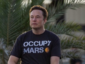 Elon Musk during a T-Mobile and SpaceX joint event on August 25, 2022 in Boca Chica Beach, Texas.