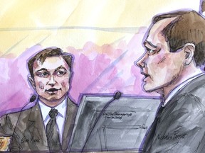 In this courtroom sketch, Elon Musk, left, with shareholder attorney Nicholas Porritt, appears in federal court in San Francisco, Friday, Jan. 20, 2023. Musk took the witness stand to defend a 2018 tweet claiming he had lined up the financing to take Tesla private in a deal that never came close to happening. The tweet resulted in a $40 million settlement with securities regulators. It also led to a class-action lawsuit alleging he misled investors, pulling him into court Friday.