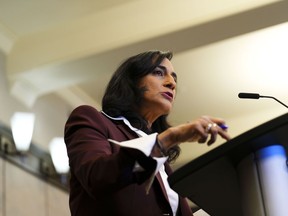 National Defence Minister Anita Anand holds a media availability on Parliament Hill in Ottawa on Dec. 13, 2022. The federal government says its increasing its funding contribution for upgrades to an airport in the Northwest Territories by $80 million.THE CANADIAN PRESS/Sean Kilpatrick