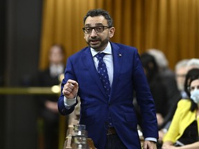 Minister of Transport Omar Alghabra rises during Question Period in the House of Commons on Parliament Hill in Ottawa on Thursday, Dec. 1, 2022.