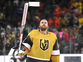 FILE - Vegas Golden Knights goaltender Robin Lehner skates before an NHL hockey game against the Ottawa Senators, March 6, 2022, in Las Vegas. Lehner on Dec. 30, 2022, filed for Chapter 7 bankruptcy in Nevada. Lehner and his wife, Donya, say they owe up to $50 million to dozens of creditors. The filing offers a glimpse into the couple's financial problems despite Lehner's five-year, $25 million contract with the Knights.